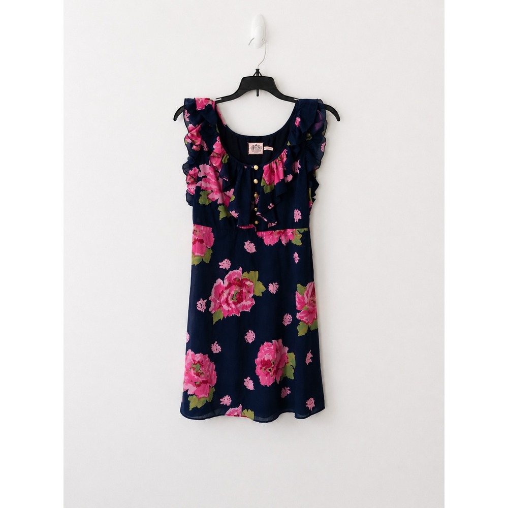 2K Romantic Cottagecore Floral Ruffle Dress Juicy Couture Sz XS Navy Pink Cotton